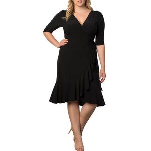 KIYONNA Party Classic LBD Wrap Ruffle Tier Elbow SLV V-Neck BLK Dress SZ 1 14-16